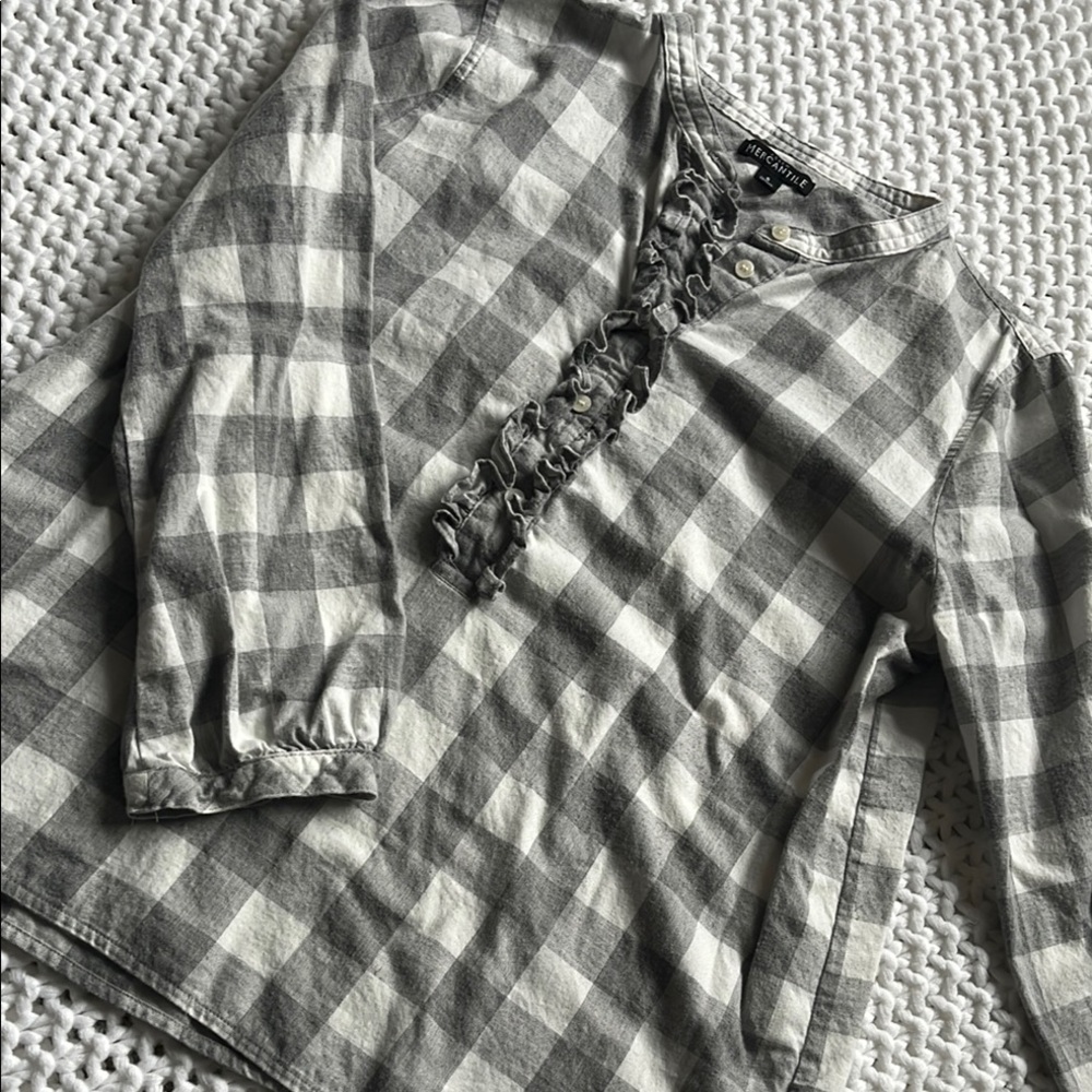 JCREW Merchantile Gray and White Checkered Shirt Ruffle Small